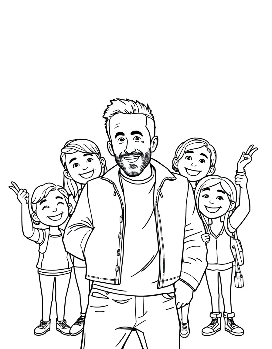 Ryan Reynolds posing with cartoon versions of their fans – a fun and kid-friendly coloring page.