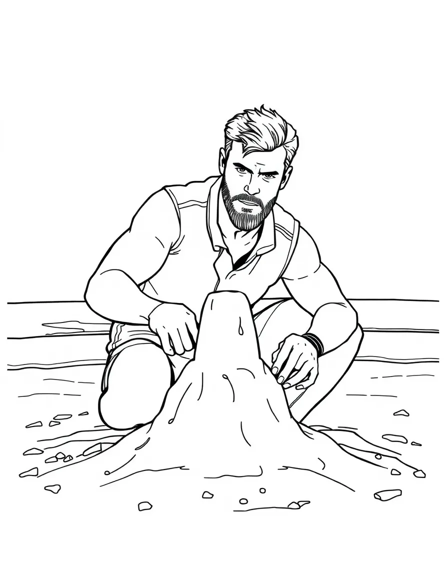 Chris Hemsworth building a sandcastle at the beach – a fun and kid-friendly coloring page.