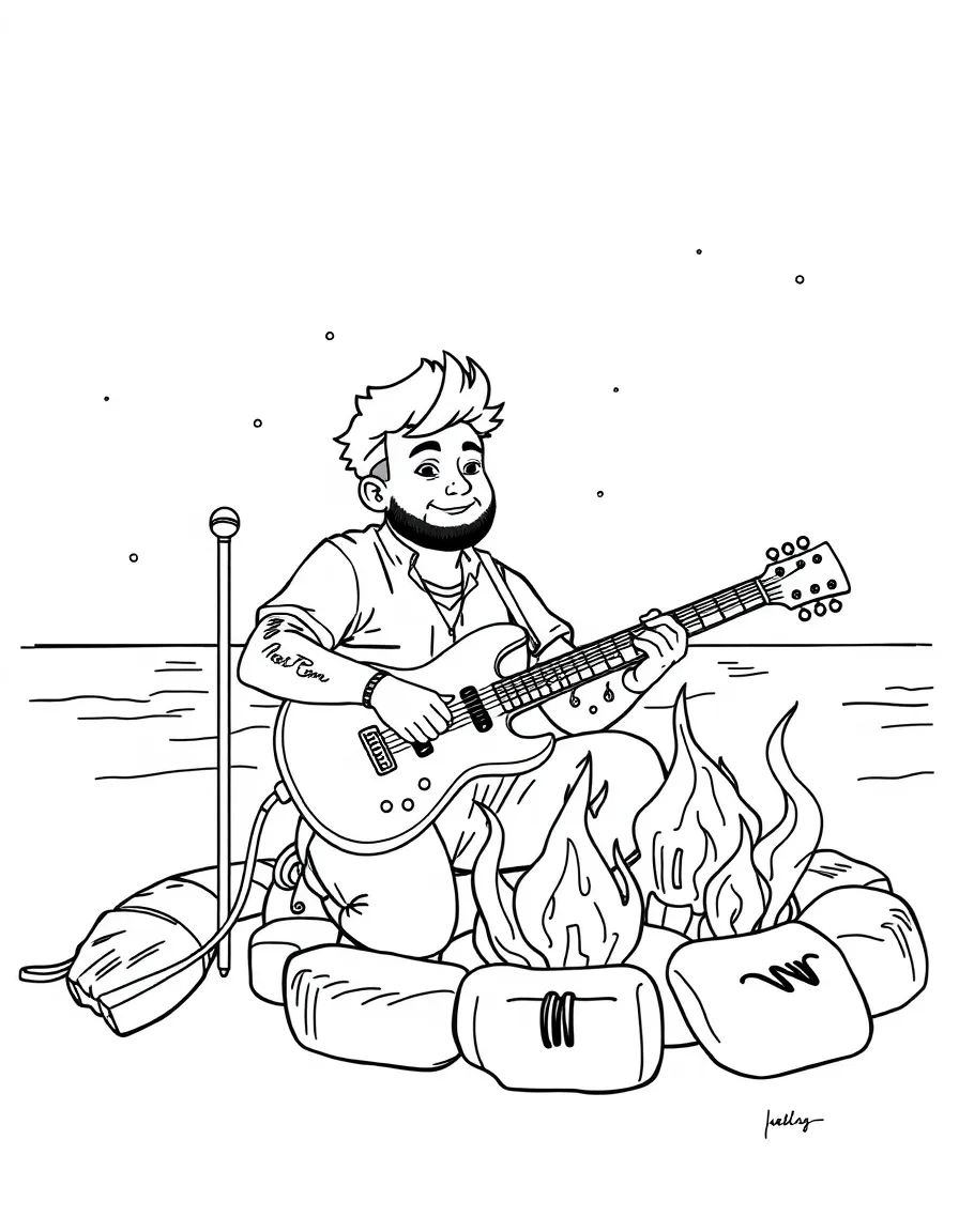 Post Malone playing guitar at a beach bonfire – a fun and kid-friendly coloring page.