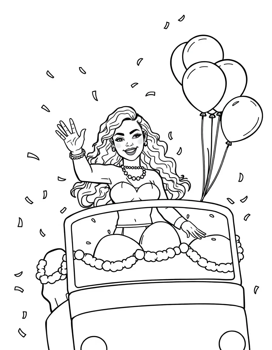 Rihanna waving from a parade float with balloons and confetti – a fun and kid-friendly coloring page.