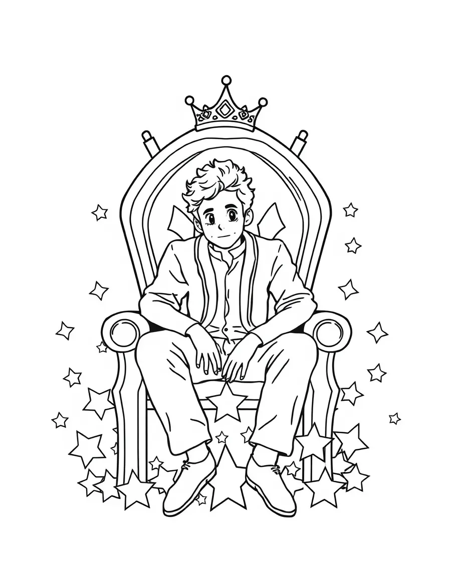 Timothée Chalamet sitting on a throne made of stars with a crown – a fun and kid-friendly coloring page.