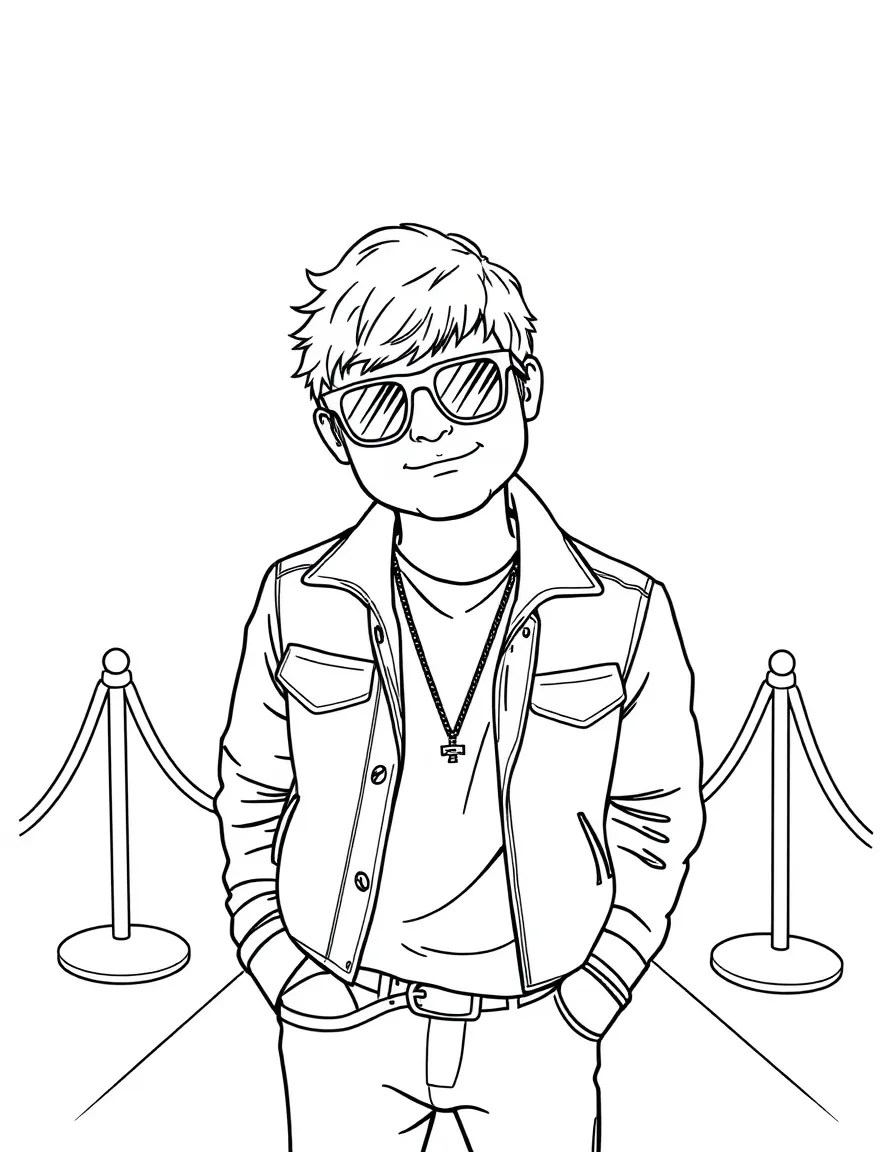 Ed Sheeran posing with sunglasses and a cool outfit on the red carpet – a fun and kid-friendly coloring page.