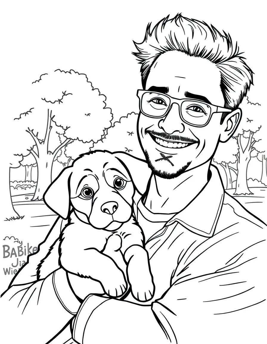Robert Downey Jr. smiling and holding a puppy with a park background – a fun and kid-friendly coloring page.
