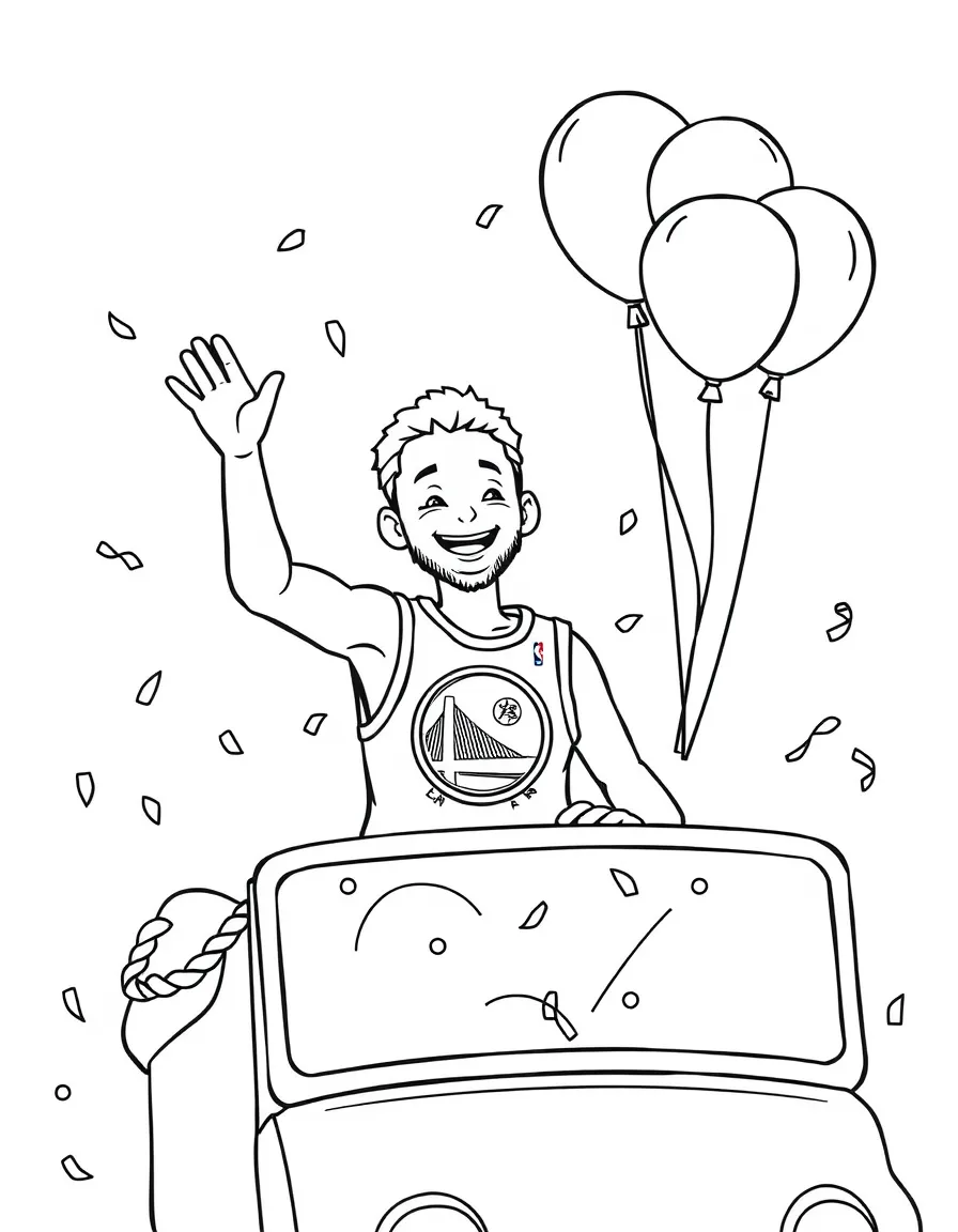Stephen Curry waving from a parade float with balloons and confetti – a fun and kid-friendly coloring page.