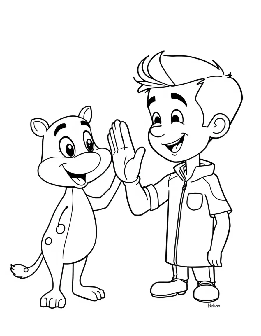 Tom Holland giving a high five to a cartoon animal friend – a fun and kid-friendly coloring page.