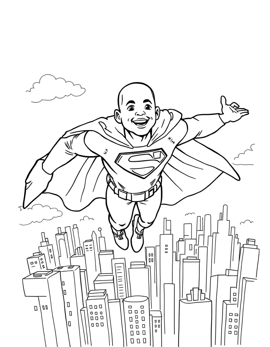 Will Smith wearing a superhero cape and flying over a cityscape – a fun and kid-friendly coloring page.