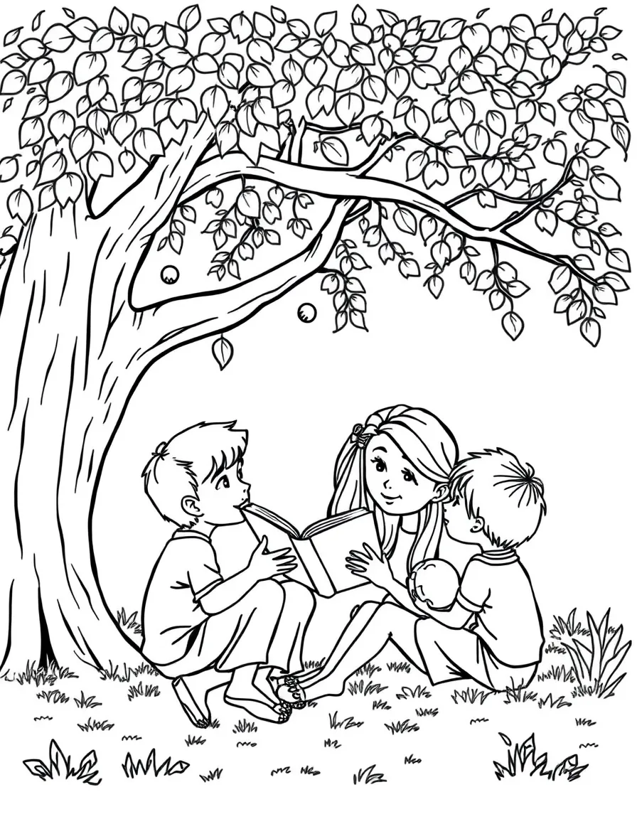 Blake Lively reading a storybook to children under a tree – a fun and kid-friendly coloring page.
