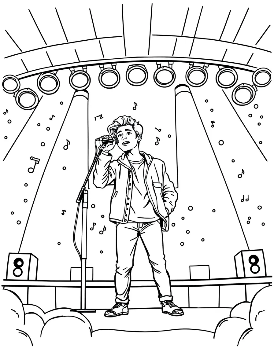 Shawn Mendes singing on a big concert stage with musical notes and lights – a fun and kid-friendly coloring page.