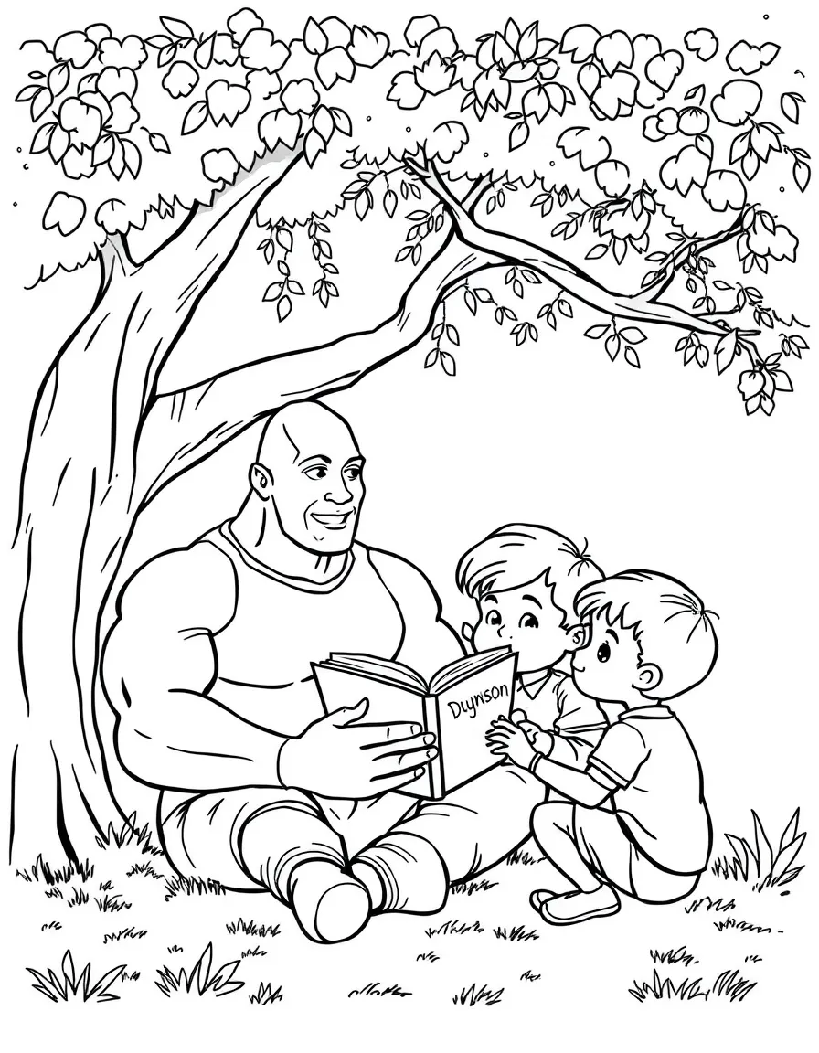 Dwayne Johnson reading a storybook to children under a tree – a fun and kid-friendly coloring page.