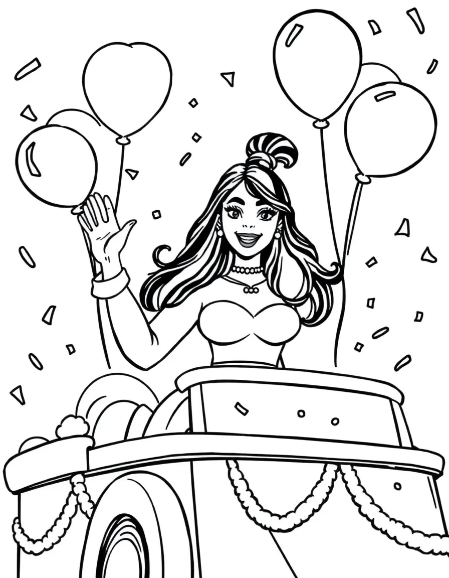 Dua Lipa waving from a parade float with balloons and confetti – a fun and kid-friendly coloring page.