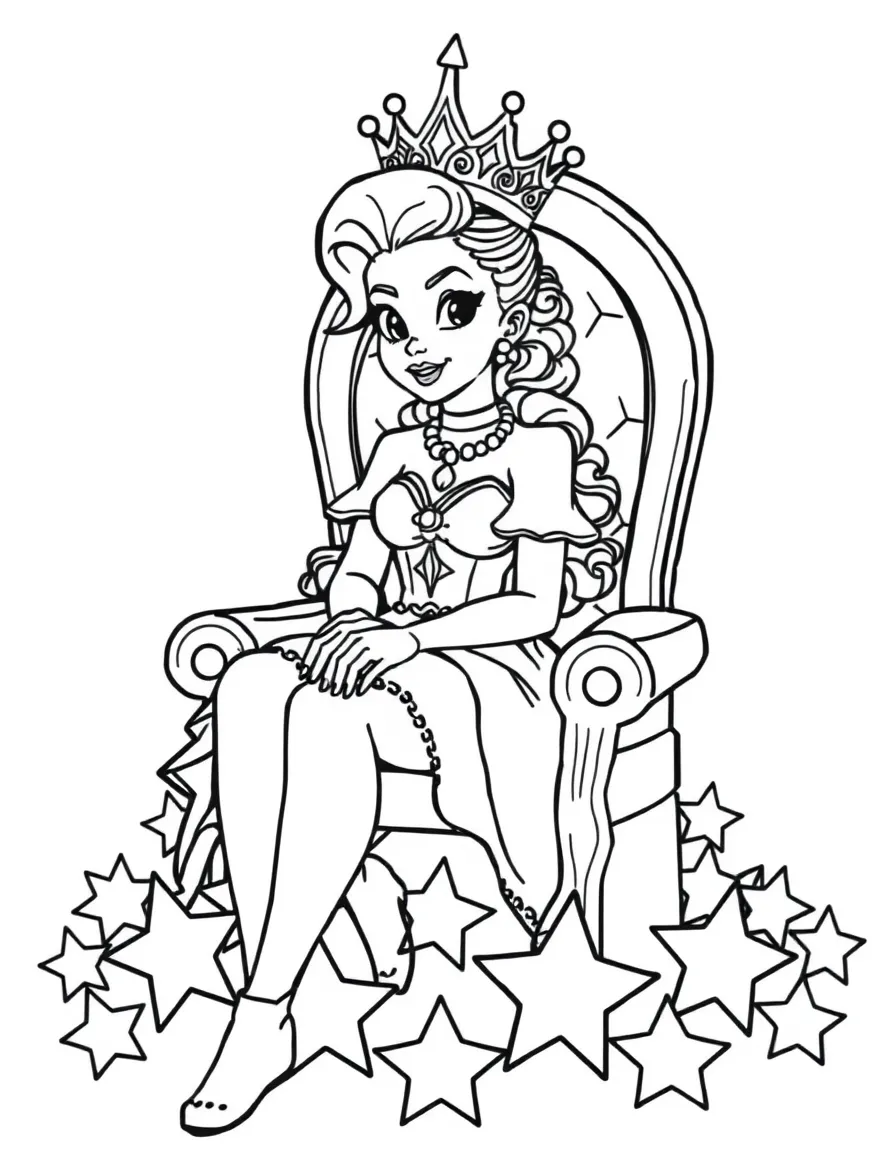 Zendaya sitting on a throne made of stars with a crown – a fun and kid-friendly coloring page.