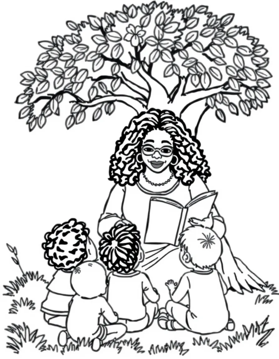 Oprah Winfrey reading a storybook to children under a tree – a fun and kid-friendly coloring page.