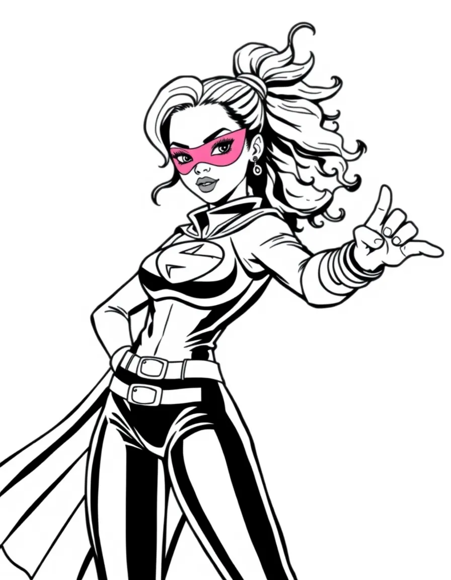 Rihanna dressed as a superhero, ready to save the day – a fun and kid-friendly coloring page.
