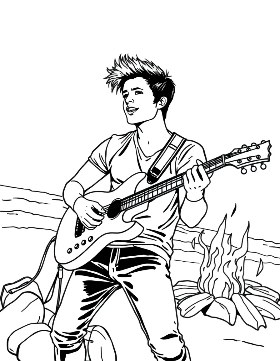Taylor Lautner playing guitar at a beach bonfire – a fun and kid-friendly coloring page.