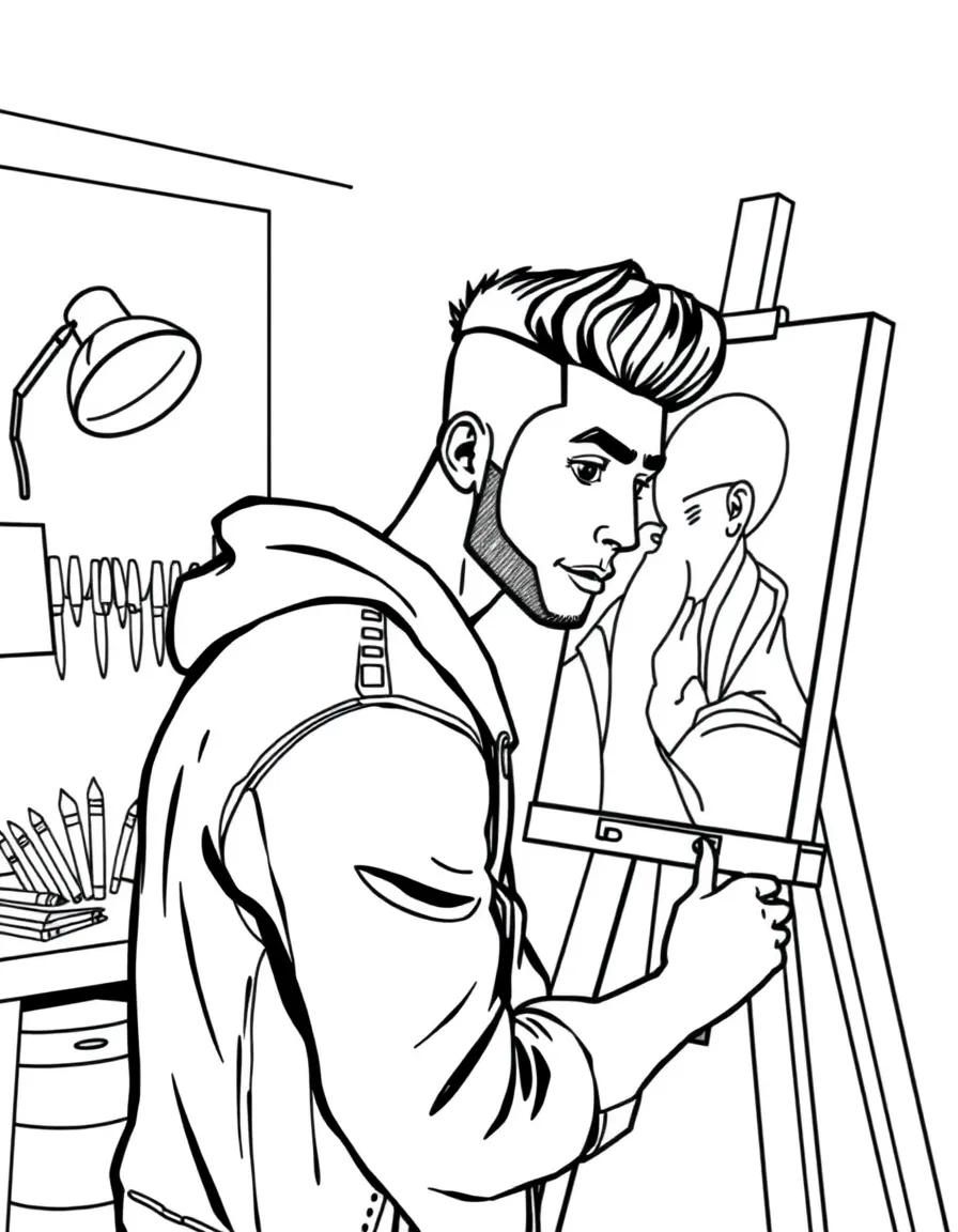 Zayn Malik painting a picture at an art studio – a fun and kid-friendly coloring page.
