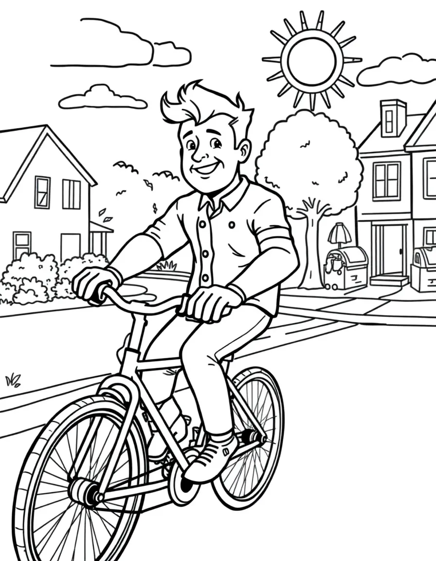 Gordon Ramsay riding a bicycle through a sunny neighborhood – a fun and kid-friendly coloring page.