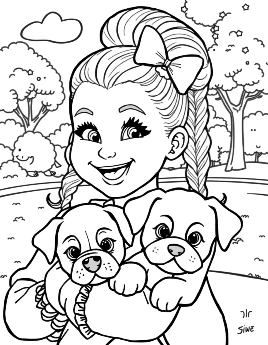 JoJo Siwa smiling and holding a puppy with a park background – a fun and kid-friendly coloring page.