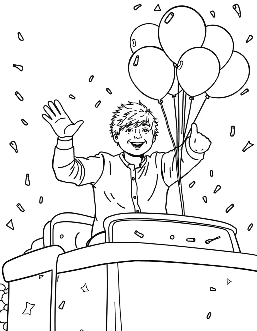 Ed Sheeran waving from a parade float with balloons and confetti – a fun and kid-friendly coloring page.