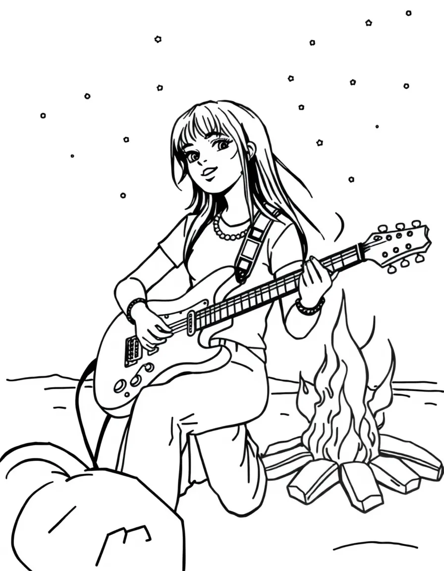 Billie Eilish playing guitar at a beach bonfire – a fun and kid-friendly coloring page.