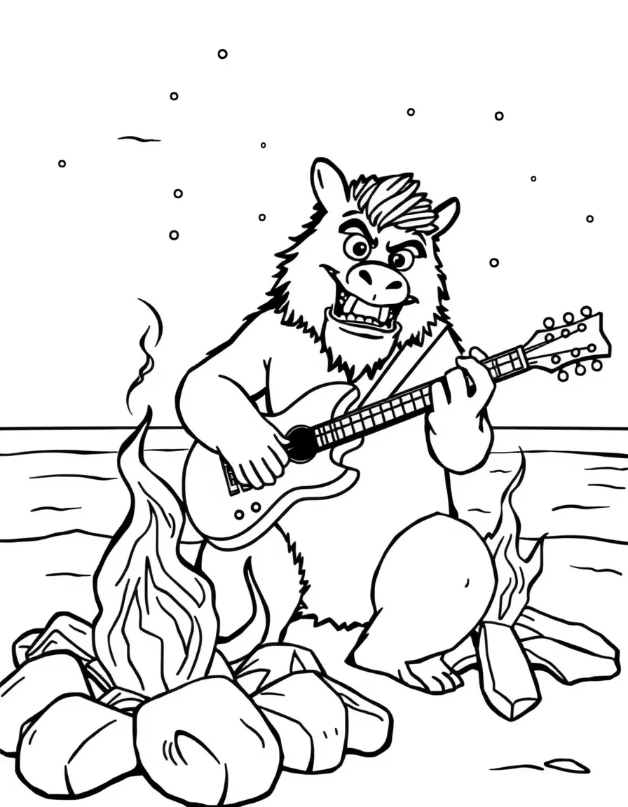 MrBeast playing guitar at a beach bonfire – a fun and kid-friendly coloring page.