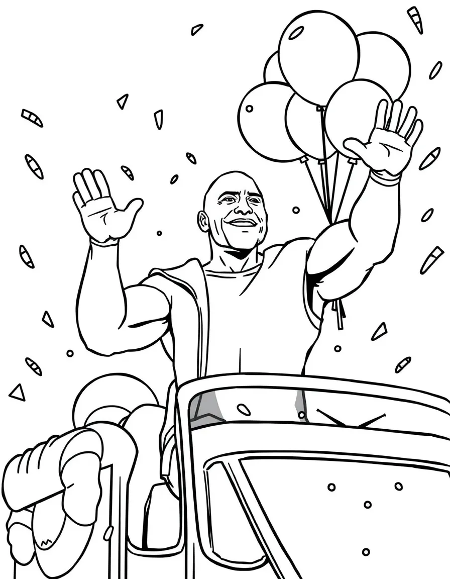 Dwayne Johnson waving from a parade float with balloons and confetti – a fun and kid-friendly coloring page.