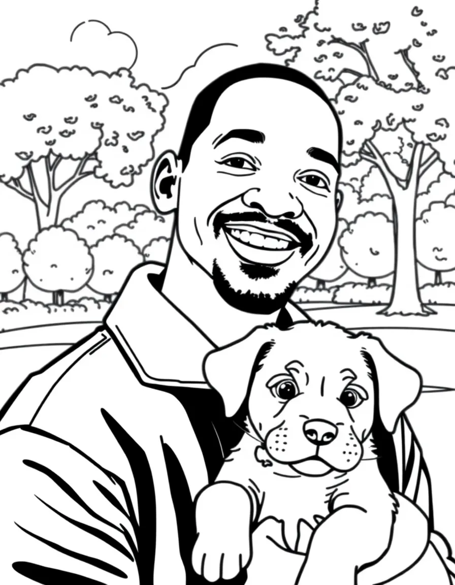 Will Smith smiling and holding a puppy with a park background – a fun and kid-friendly coloring page.