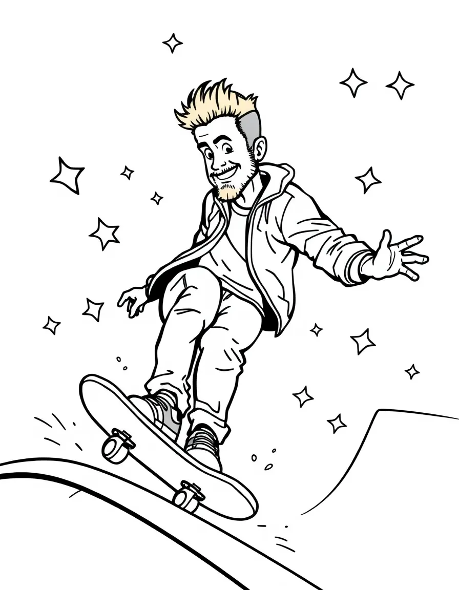Ryan Reynolds skateboarding at a skate park with stars and swirls around – a fun and kid-friendly coloring page.
