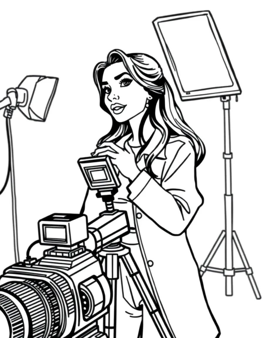 Dua Lipa acting in a scene on a movie set with cameras – a fun and kid-friendly coloring page.