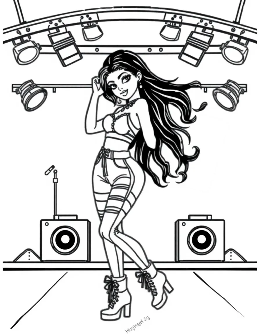 Kylie Jenner dancing on a stage with spotlights and fun outfits – a fun and kid-friendly coloring page.