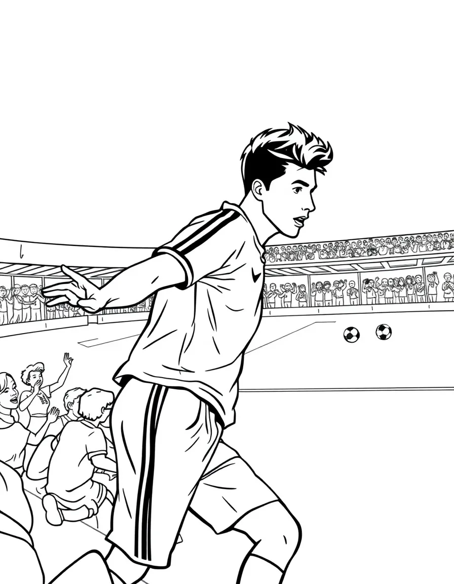 Shawn Mendes playing soccer on a field with cheering fans in the stands – a fun and kid-friendly coloring page.