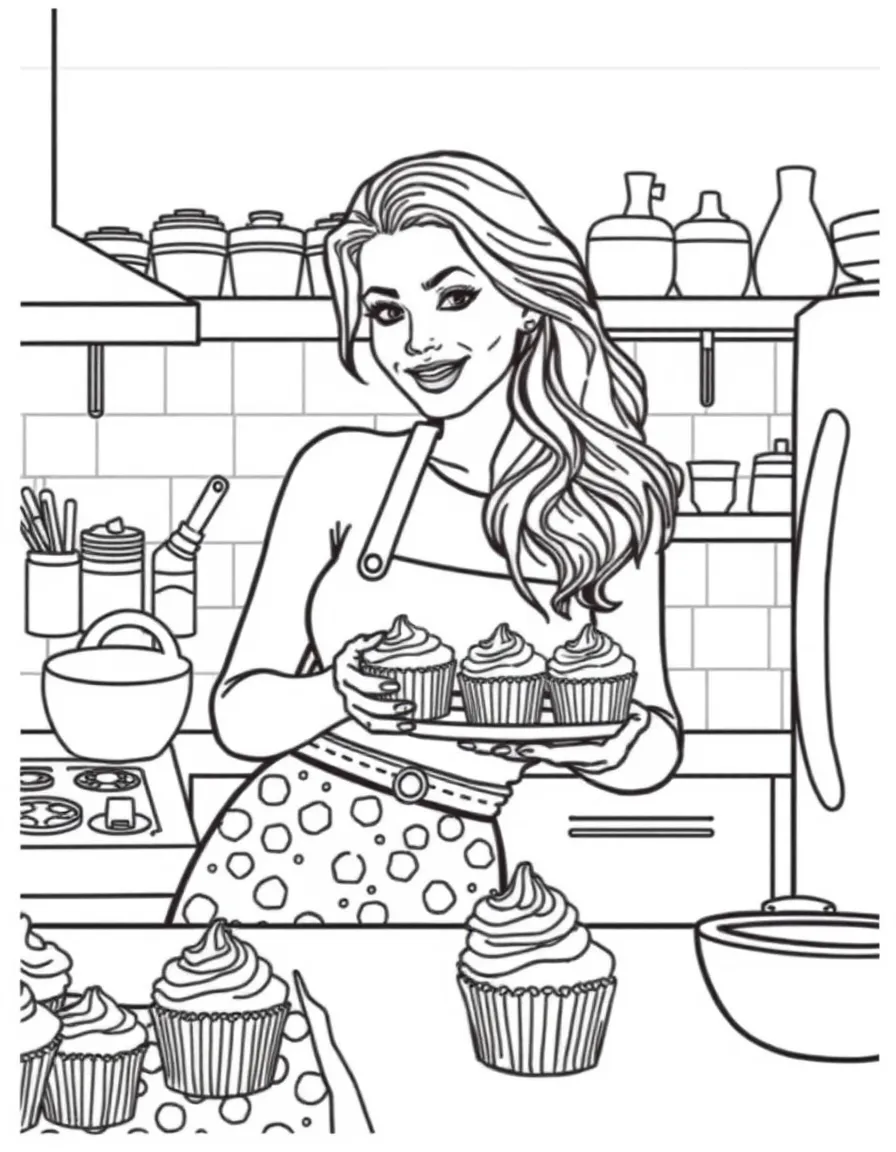 Blake Lively baking cupcakes in a colorful kitchen – a fun and kid-friendly coloring page.