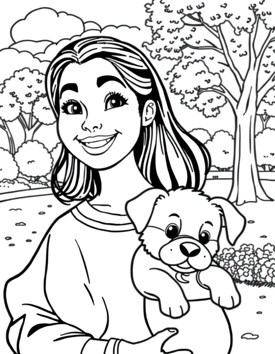 Dua Lipa smiling and holding a puppy with a park background – a fun and kid-friendly coloring page.