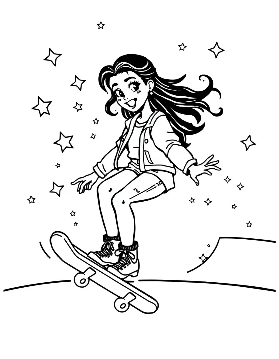 Dua Lipa skateboarding at a skate park with stars and swirls around – a fun and kid-friendly coloring page.