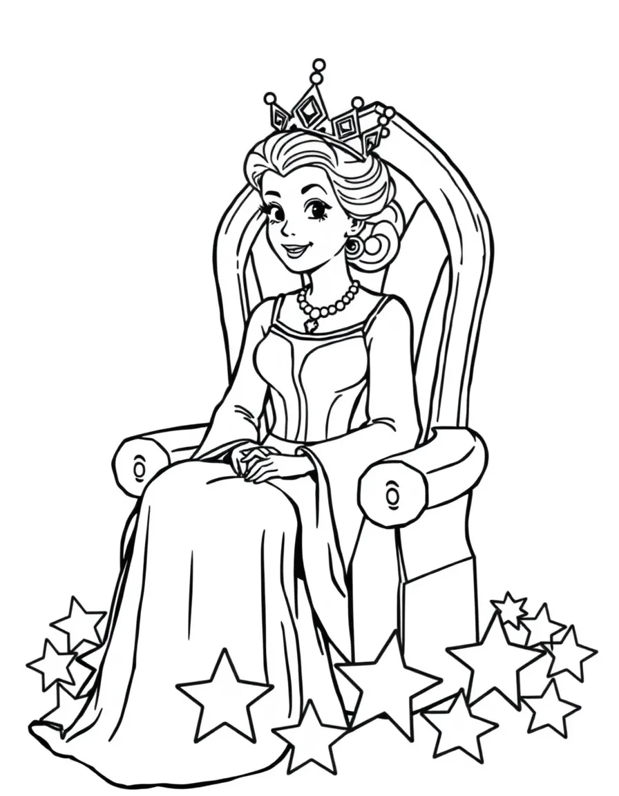 Anne Hathaway sitting on a throne made of stars with a crown – a fun and kid-friendly coloring page.