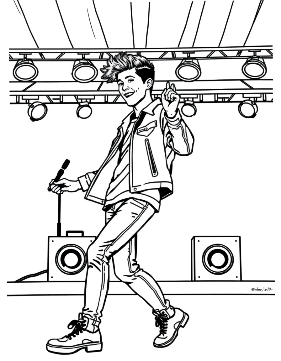 Shawn Mendes dancing on a stage with spotlights and fun outfits – a fun and kid-friendly coloring page.