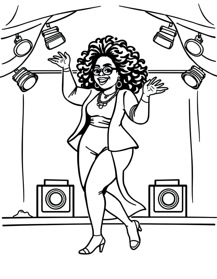 Oprah Winfrey dancing on a stage with spotlights and fun outfits – a fun and kid-friendly coloring page.