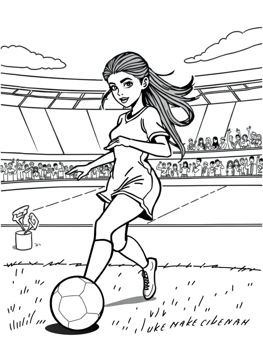 Kylie Jenner playing soccer on a field with cheering fans in the stands – a fun and kid-friendly coloring page.