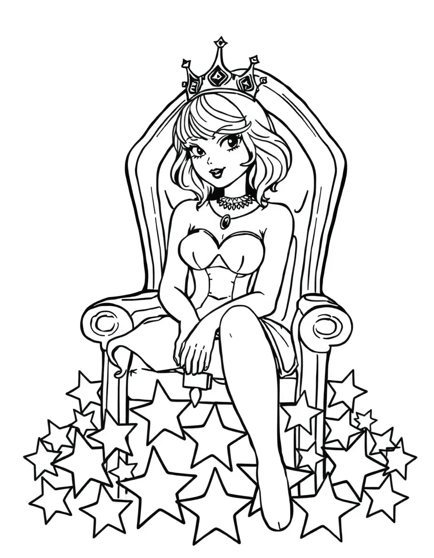 Taylor Swift sitting on a throne made of stars with a crown – a fun and kid-friendly coloring page.
