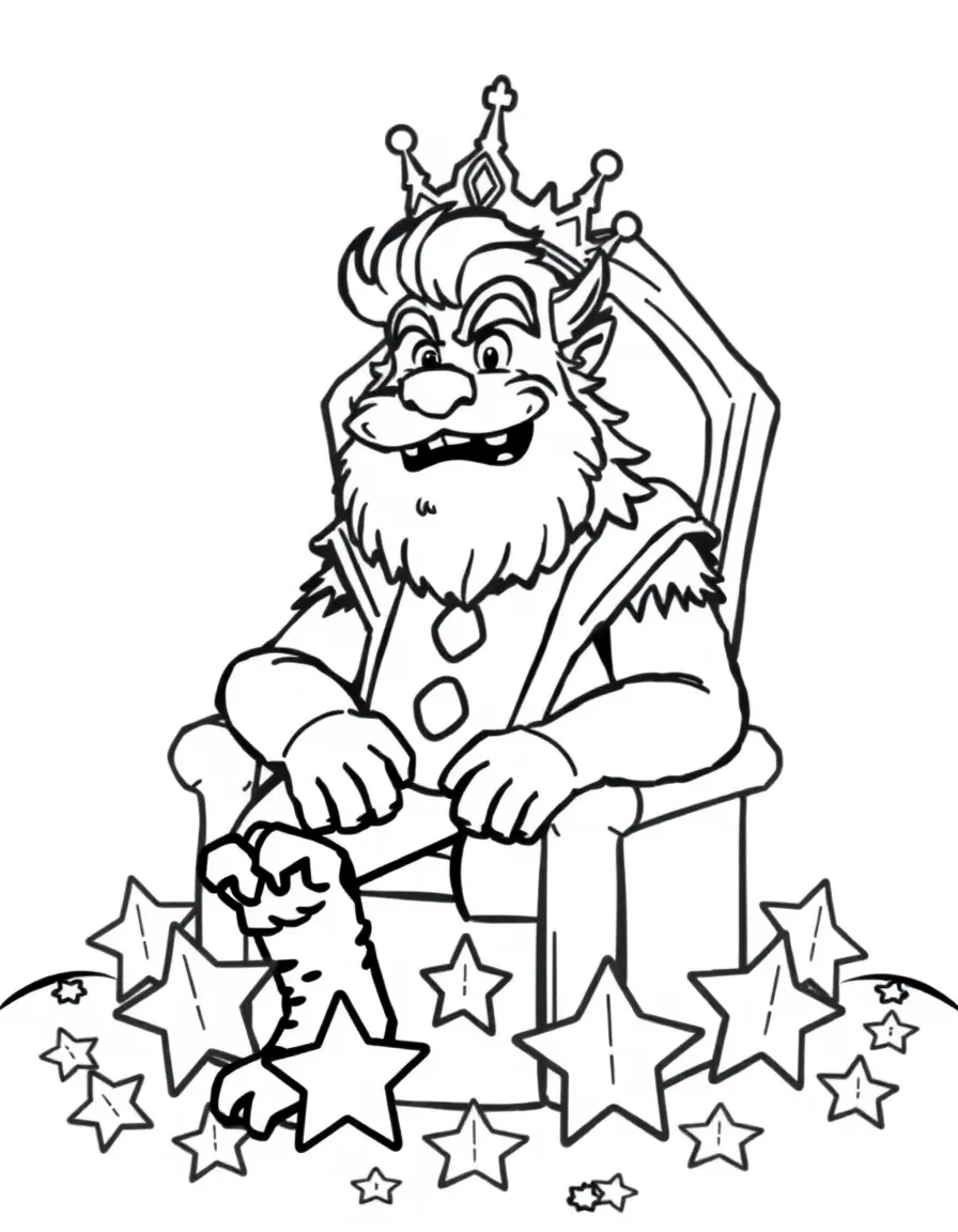 MrBeast sitting on a throne made of stars with a crown – a fun and kid-friendly coloring page.