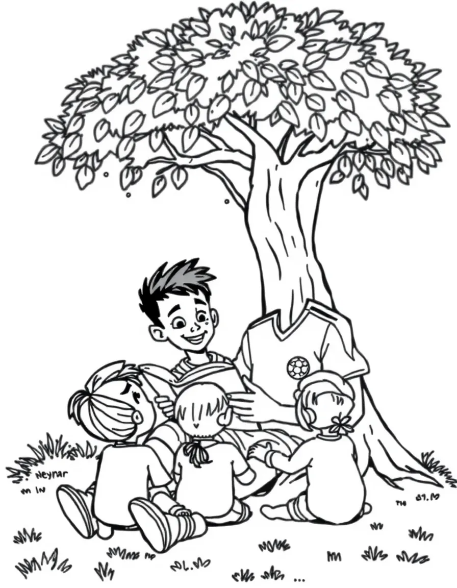 Neymar Jr. reading a storybook to children under a tree – a fun and kid-friendly coloring page.