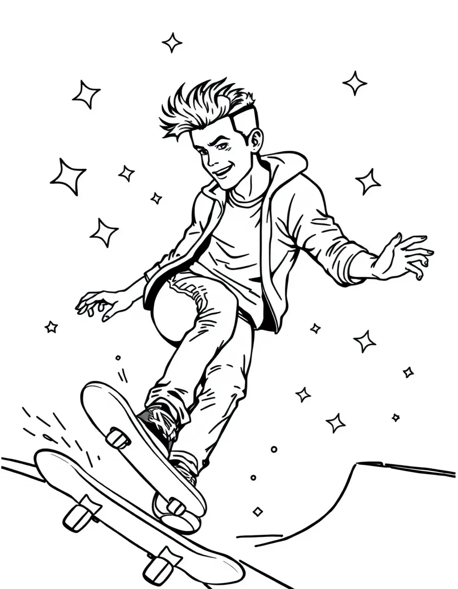 Taylor Lautner skateboarding at a skate park with stars and swirls around – a fun and kid-friendly coloring page.