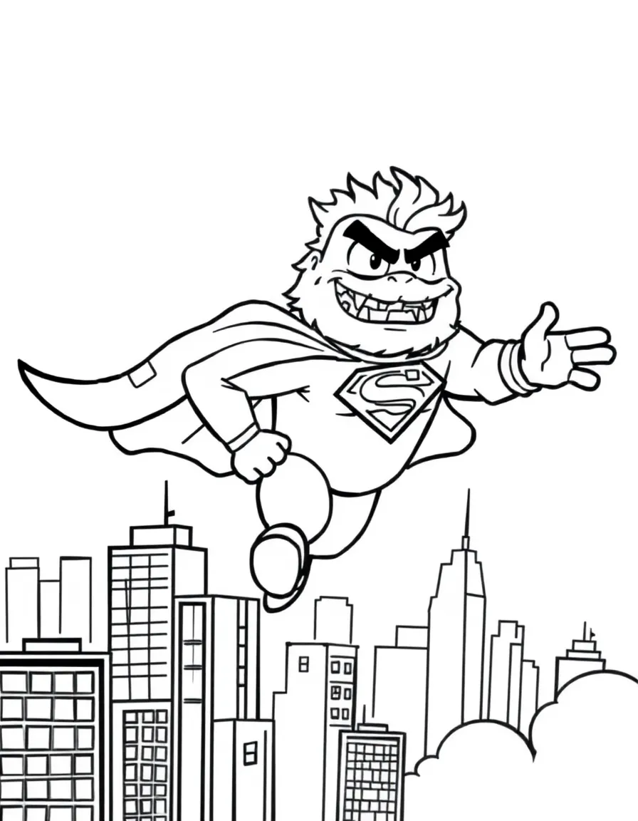 MrBeast wearing a superhero cape and flying over a cityscape – a fun and kid-friendly coloring page.