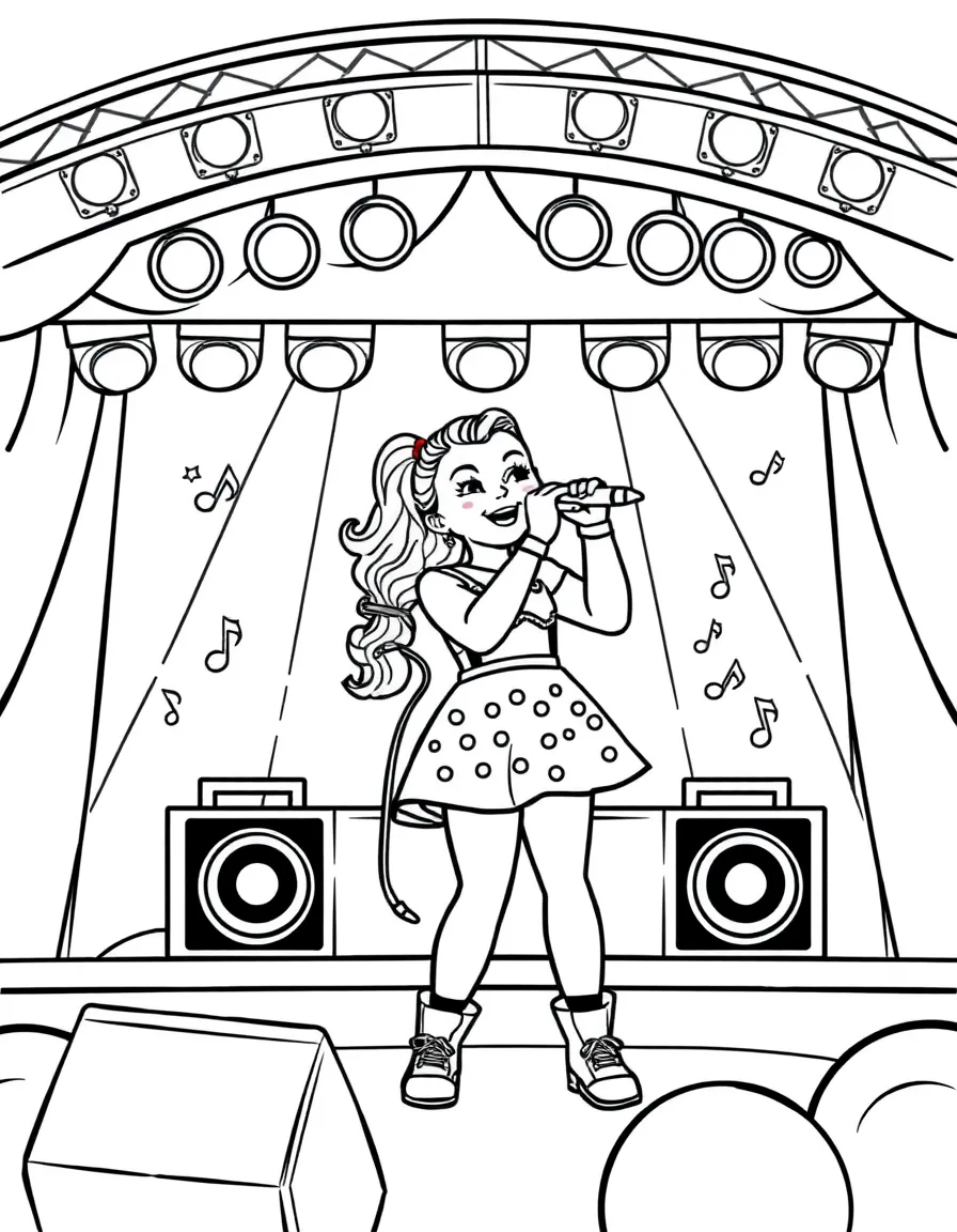 JoJo Siwa singing on a big concert stage with musical notes and lights – a fun and kid-friendly coloring page.