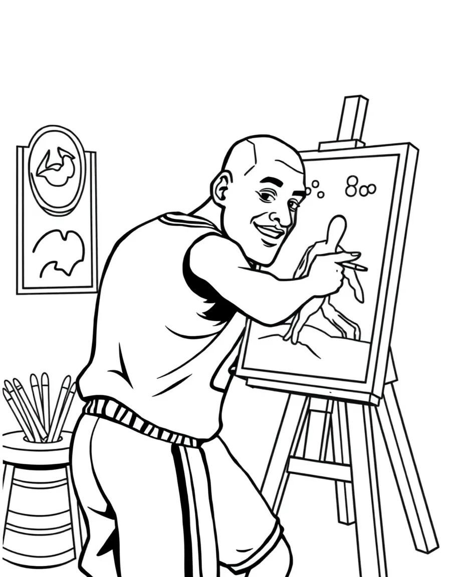 Michael Jordan painting a picture at an art studio – a fun and kid-friendly coloring page.