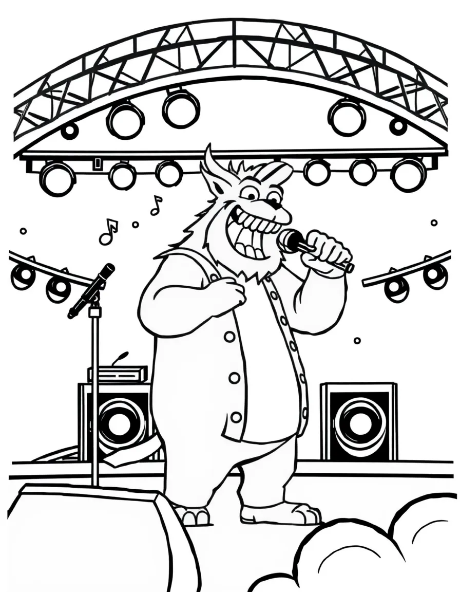 MrBeast singing on a big concert stage with musical notes and lights – a fun and kid-friendly coloring page.