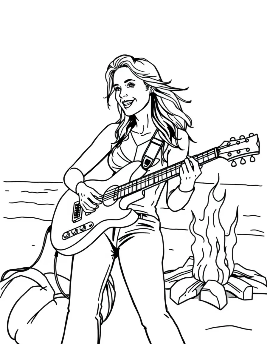 Blake Lively playing guitar at a beach bonfire – a fun and kid-friendly coloring page.