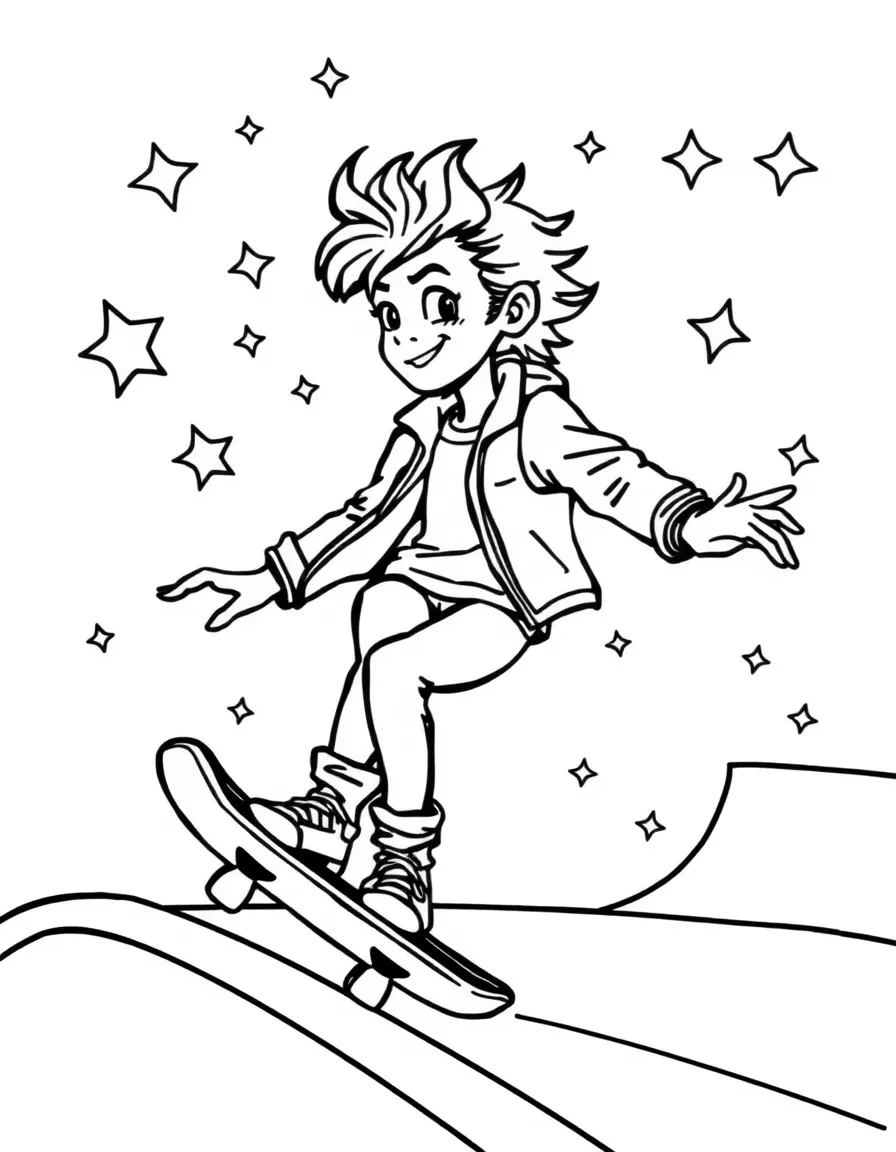 Harry Styles skateboarding at a skate park with stars and swirls around – a fun and kid-friendly coloring page.
