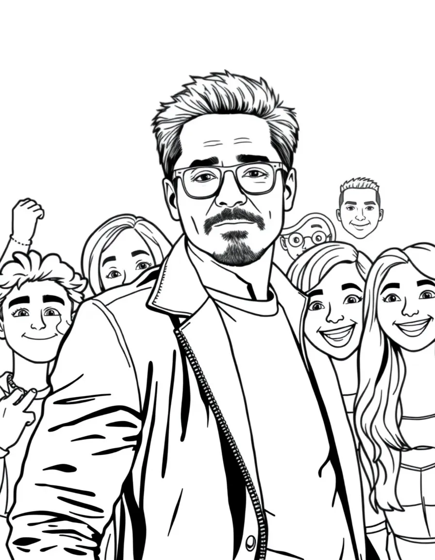 Robert Downey Jr. posing with cartoon versions of their fans – a fun and kid-friendly coloring page.