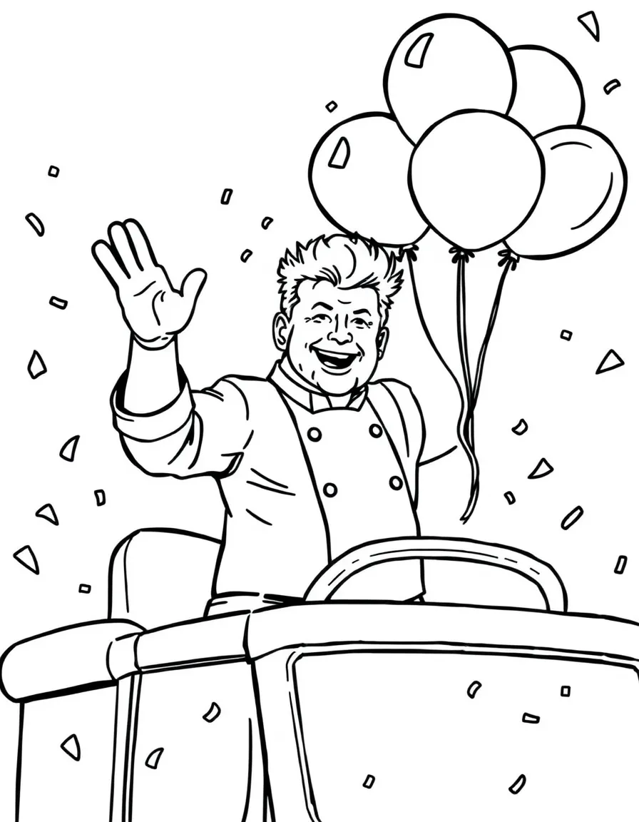 Gordon Ramsay waving from a parade float with balloons and confetti – a fun and kid-friendly coloring page.