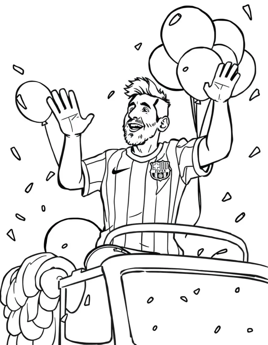 Lionel Messi waving from a parade float with balloons and confetti – a fun and kid-friendly coloring page.